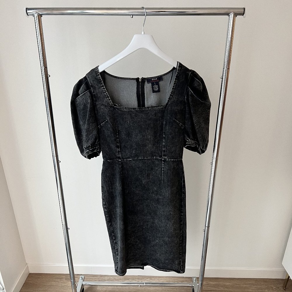 Women's Black Denim Puff Sleeve Dress